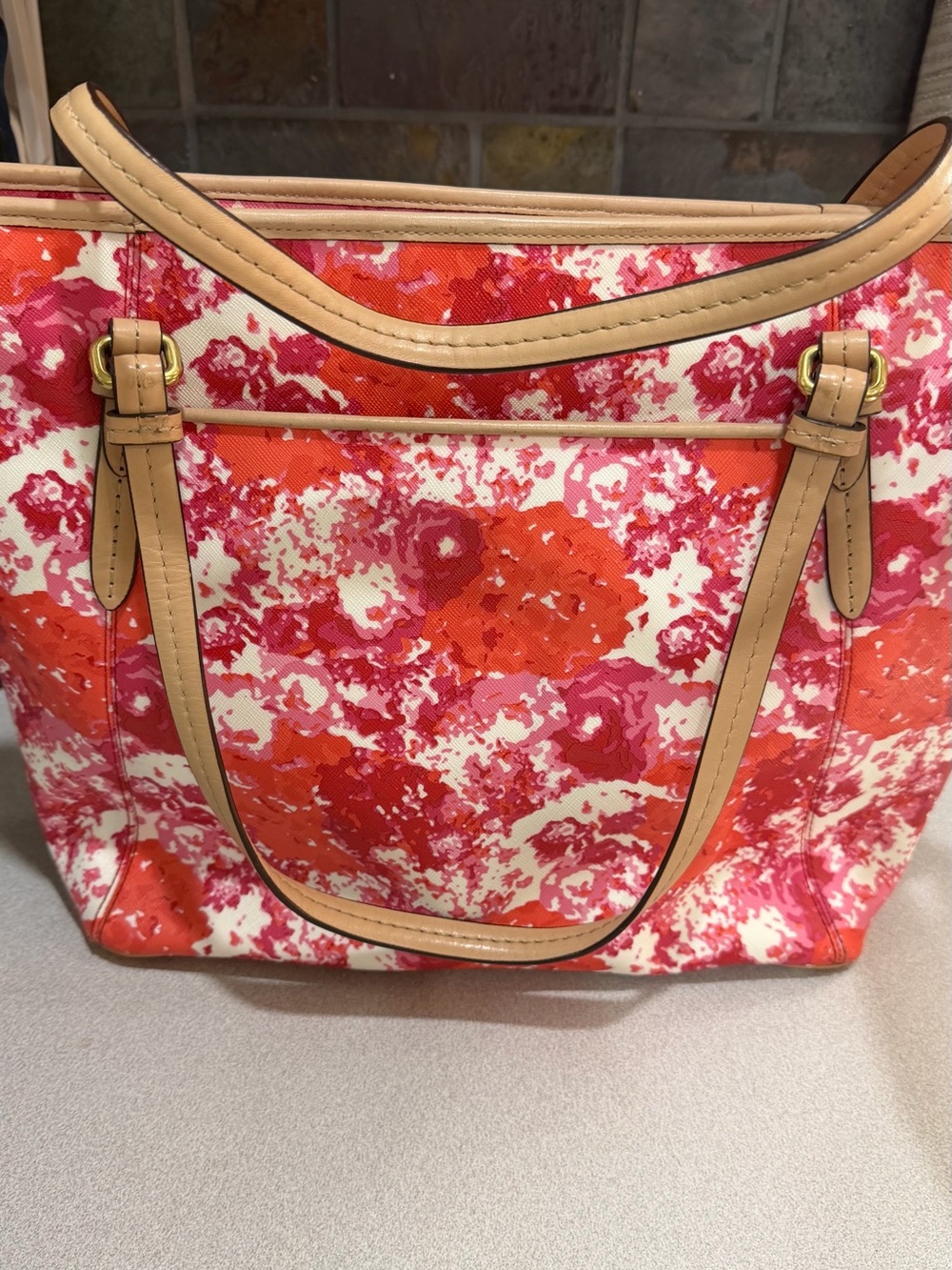 Coach Floral Tote in Orange, Pink & Cream with Tan Leather Trim - Picture 4 of 7